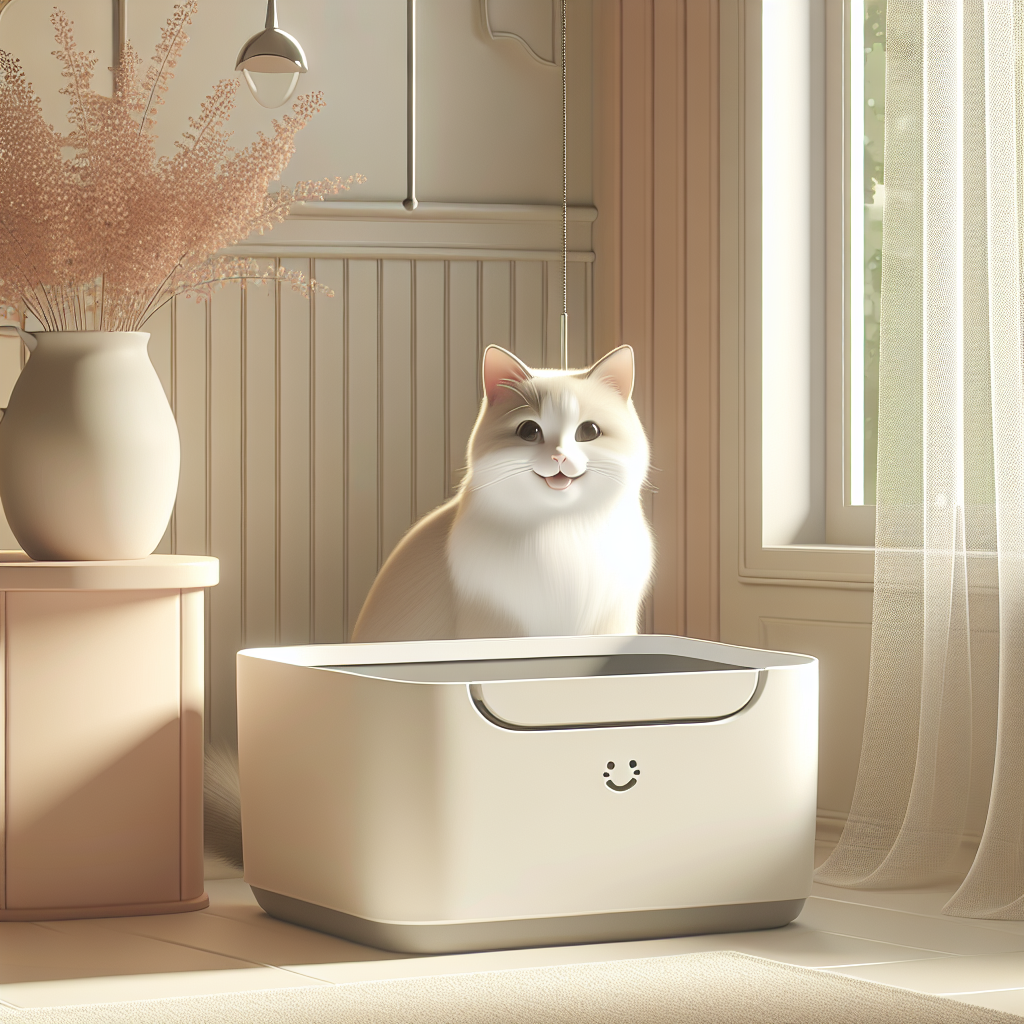 Chat serein près d'une litière automatique moderne dans un salon chaleureux et propre