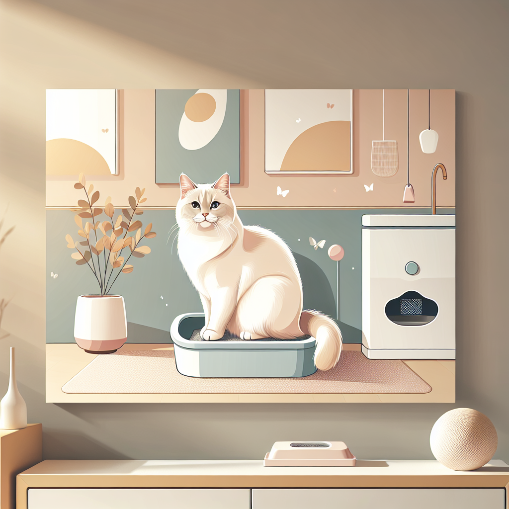 Chat tigré utilisant une litière automatique moderne, griffant délicatement le substrat dans un environnement domestique propre et lumineux