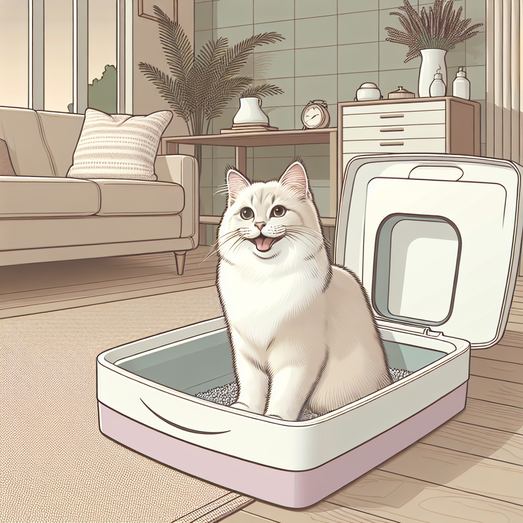 Chat utilisant une litière automatique moderne dans un intérieur propre et lumineux