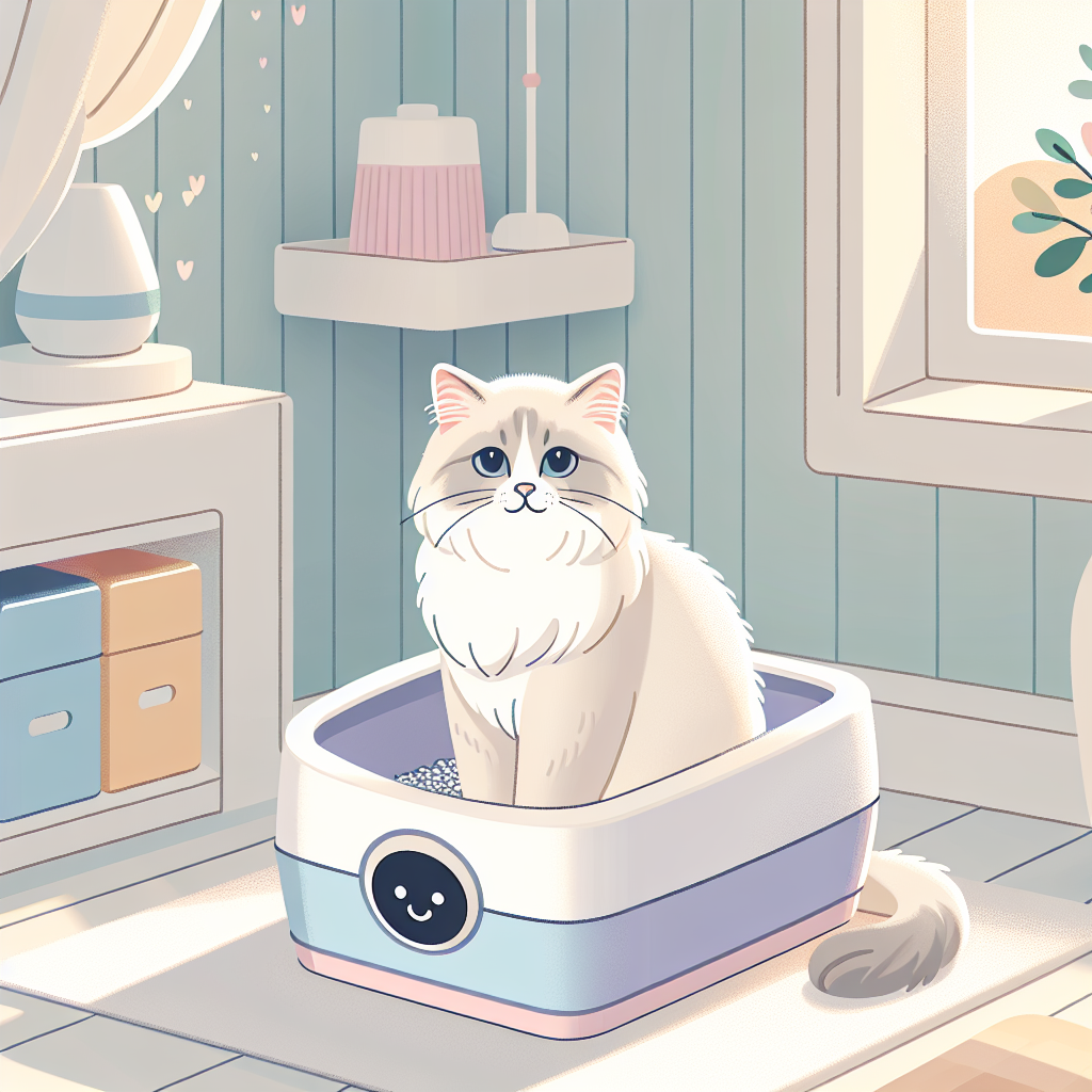 Chat paisible dormant près de sa litière automatique moderne dans un intérieur serein la nuit