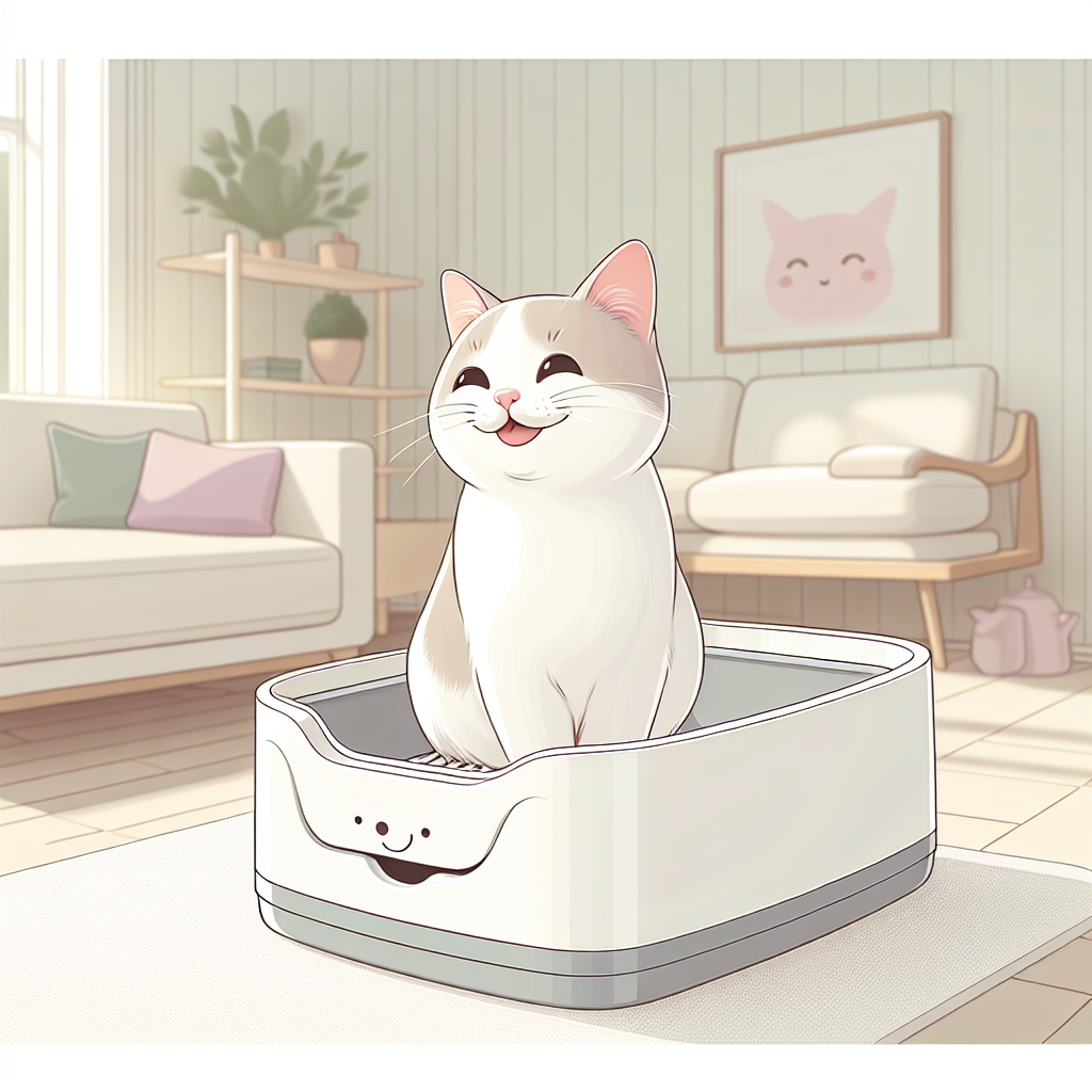 Chat tigré utilisant une litière automatique moderne dans un intérieur contemporain et lumineux