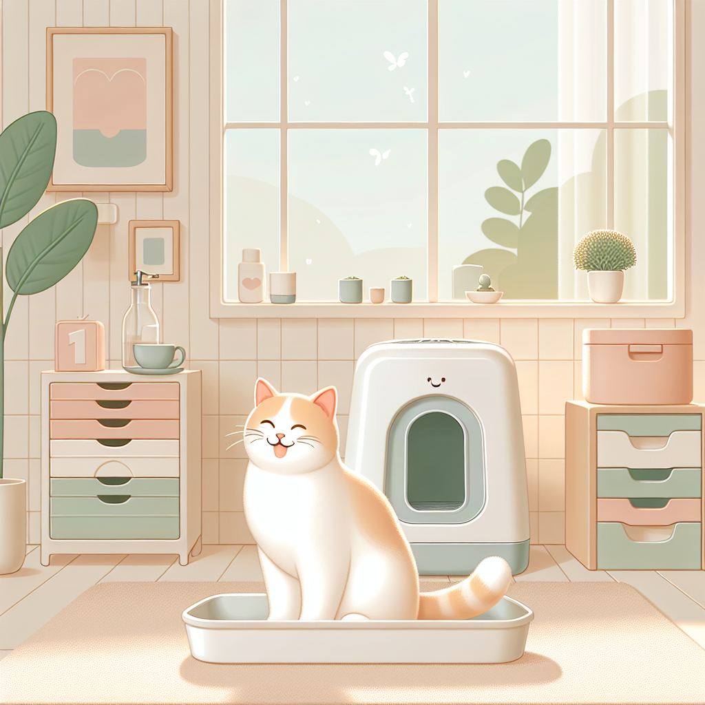 Chat paisible jouant dans un salon moderne avec une litière automatique discrète en arrière-plan