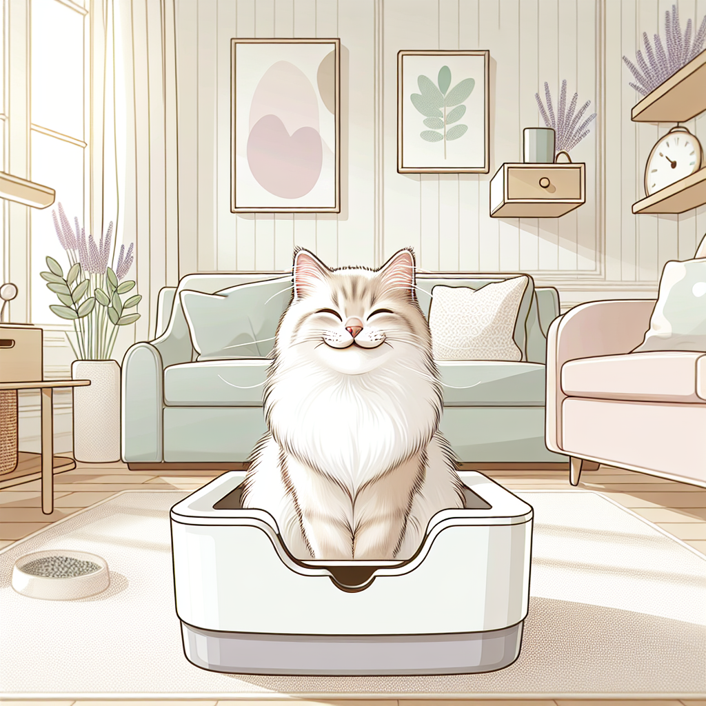 Chat curieux observant une litière automatique moderne dans un intérieur chaleureux