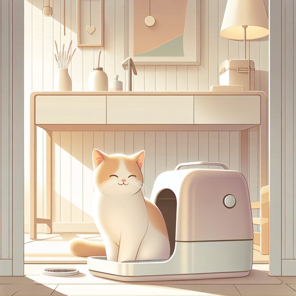 Chat tigré observant attentivement sa litière automatique moderne dans un intérieur contemporain et lumineux