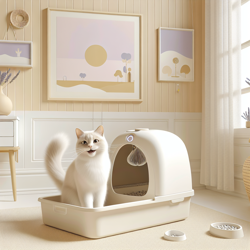 Chat tigré observant avec curiosité une litière automatique moderne dans un intérieur contemporain et lumineux