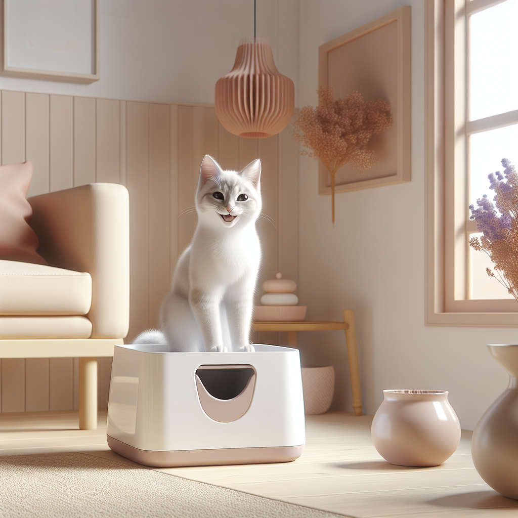 Chat gris regardant avec méfiance une litière automatique moderne et silencieuse dans un intérieur contemporain
