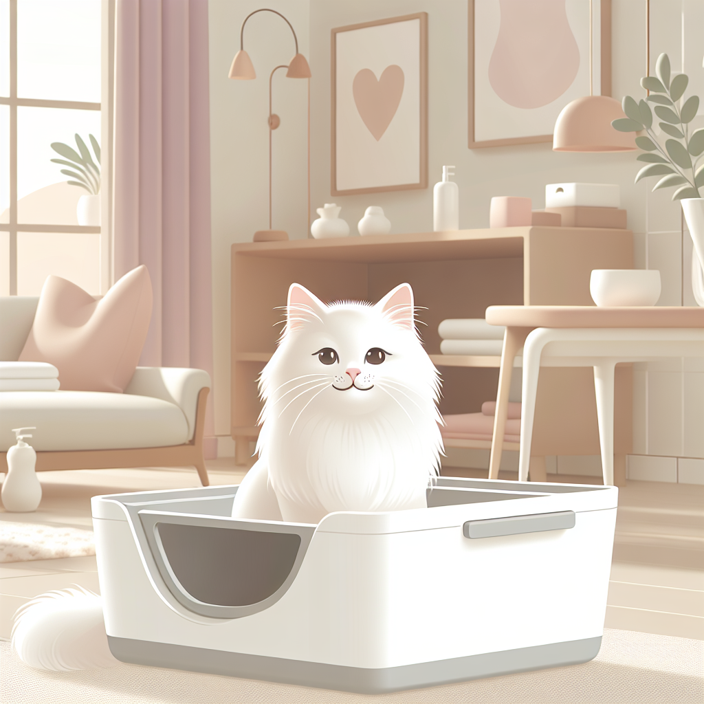 Chat tigré suivant son maître dans un salon moderne avec litière automatique en arrière-plan