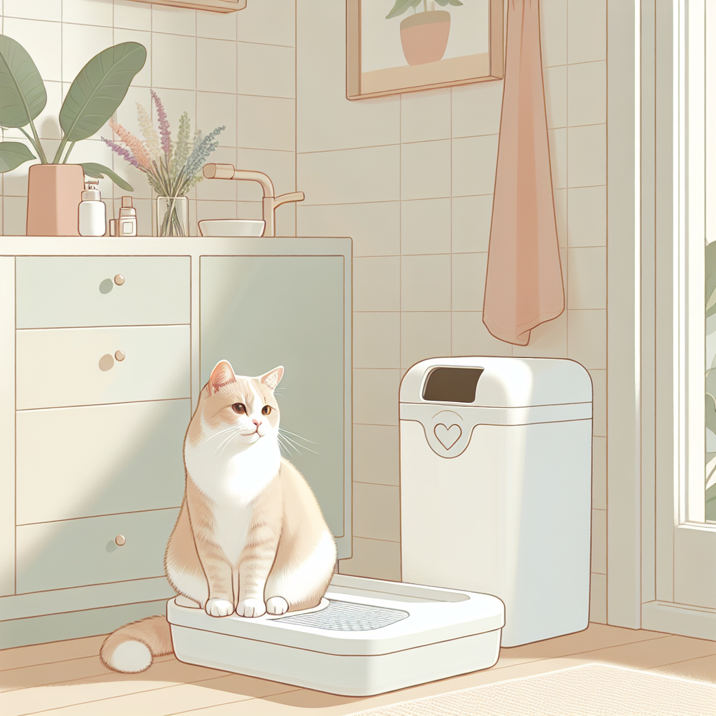 Chat tigré en bonne santé près de sa litière moderne dans un intérieur lumineux et aéré