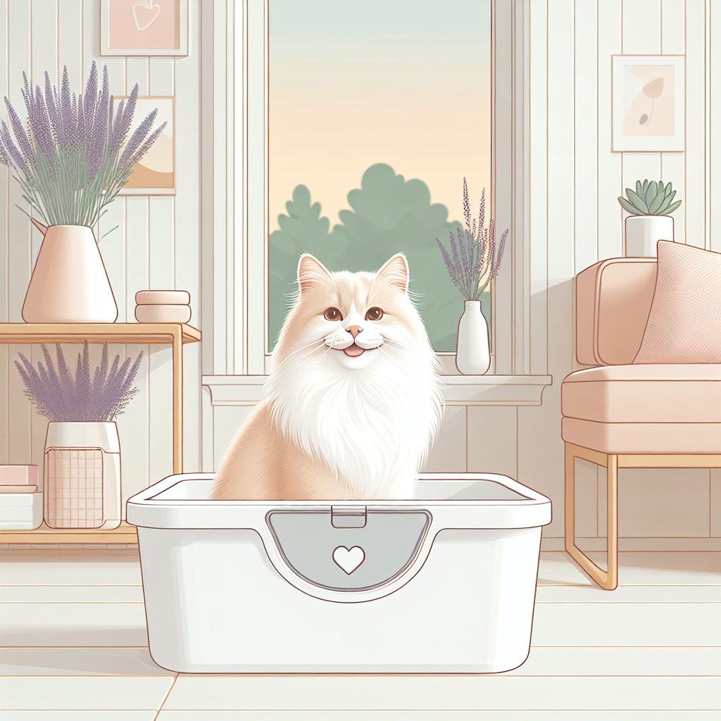 Chat tigré utilisant une litière automatique moderne dans un intérieur contemporain, illustrant le confort et la praticité au quotidien