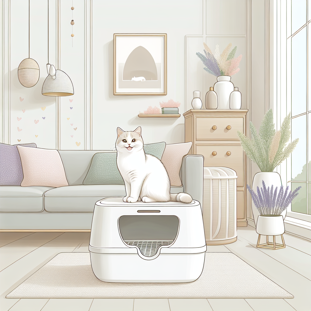 Chat tigré utilisant confortablement un bac à litière automatique couvert moderne dans un intérieur contemporain