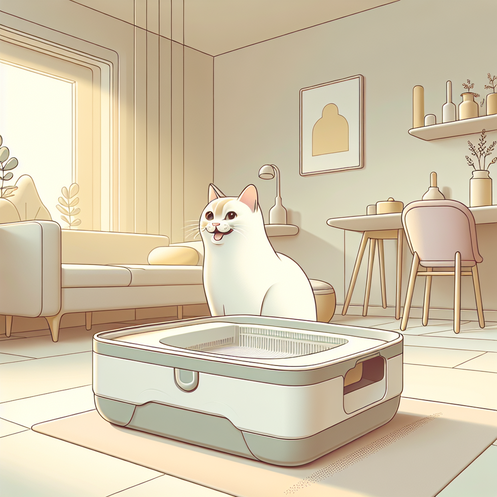 Chat tigré utilisant une litière automatique moderne dans un intérieur contemporain et lumineux