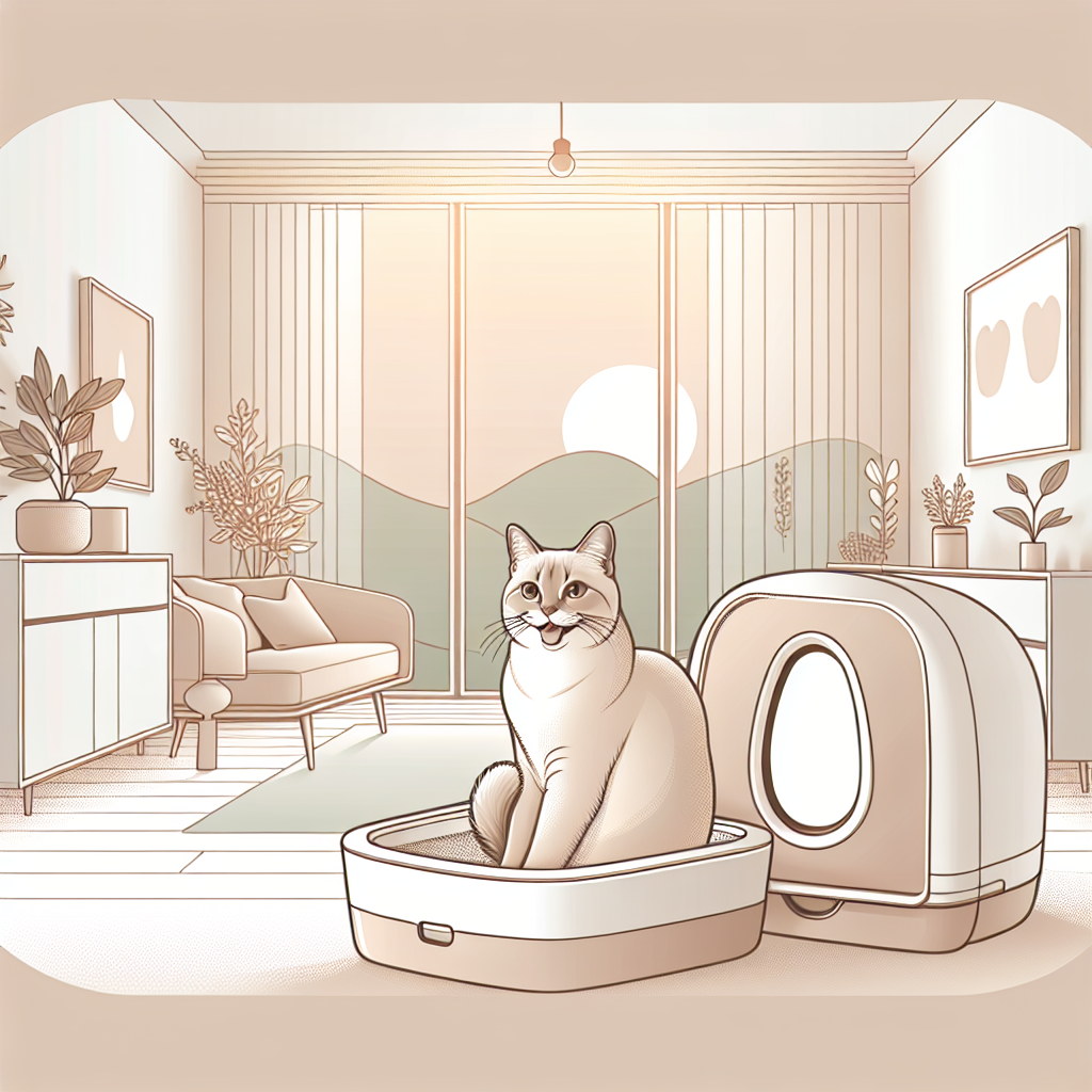 Chat curieux découvrant une litière automatique moderne dans un intérieur contemporain