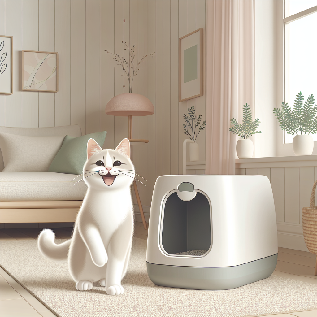 Chat curieux découvrant une litière automatique moderne dans un intérieur contemporain et lumineux