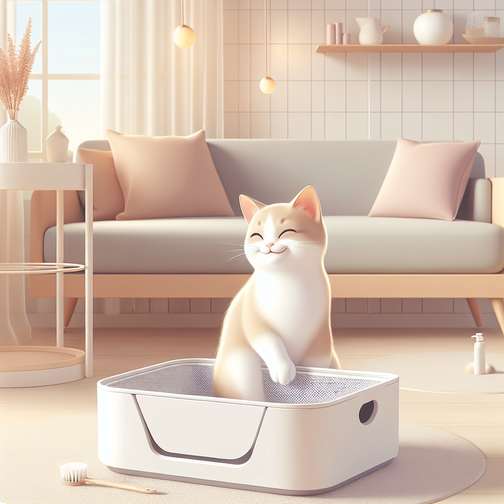 Chat tigré utilisant une litière automatique moderne dans un intérieur contemporain avec interface digitale visible