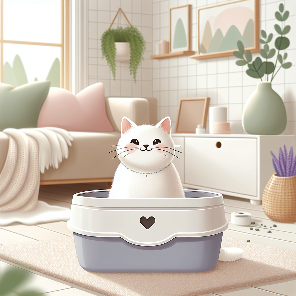 Chat utilisant une litière automatique moderne dans un intérieur contemporain et propre