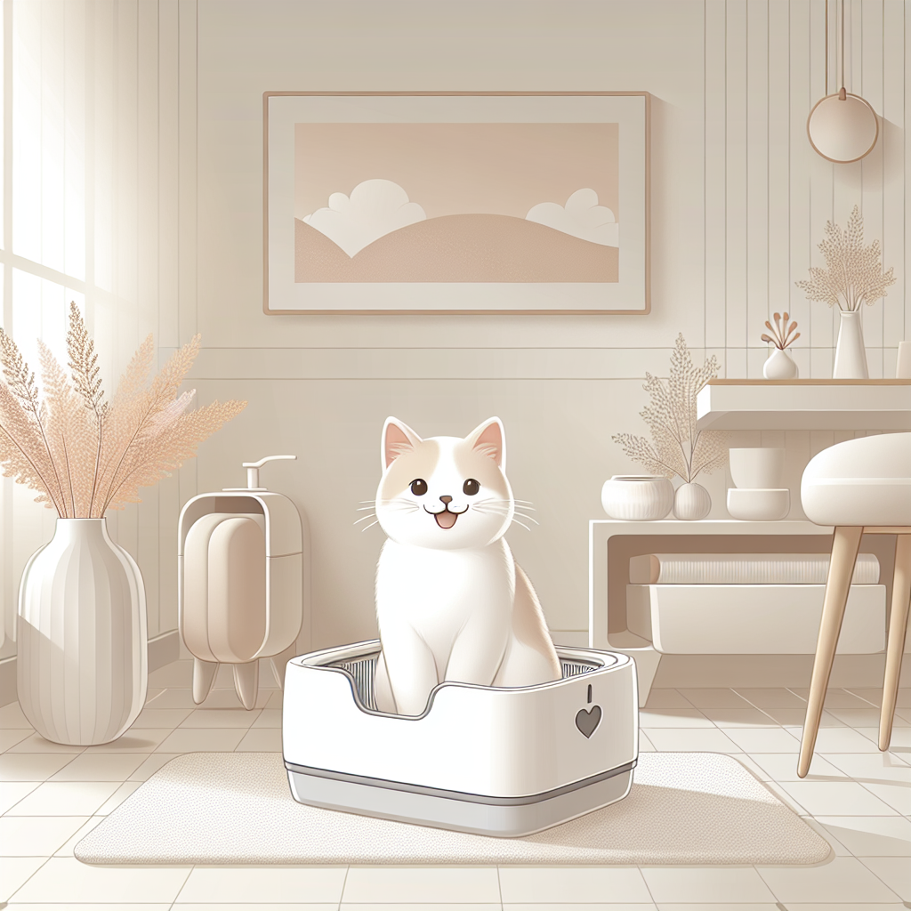Chat utilisant une litière automatique moderne dans un intérieur contemporain et propre