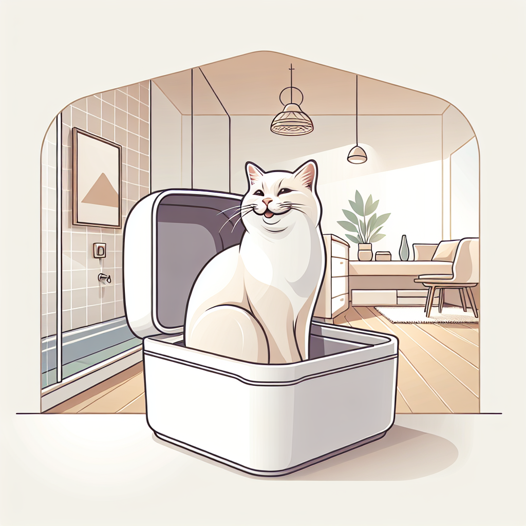 Chat utilisant une litière automatique moderne dans un intérieur contemporain et propre