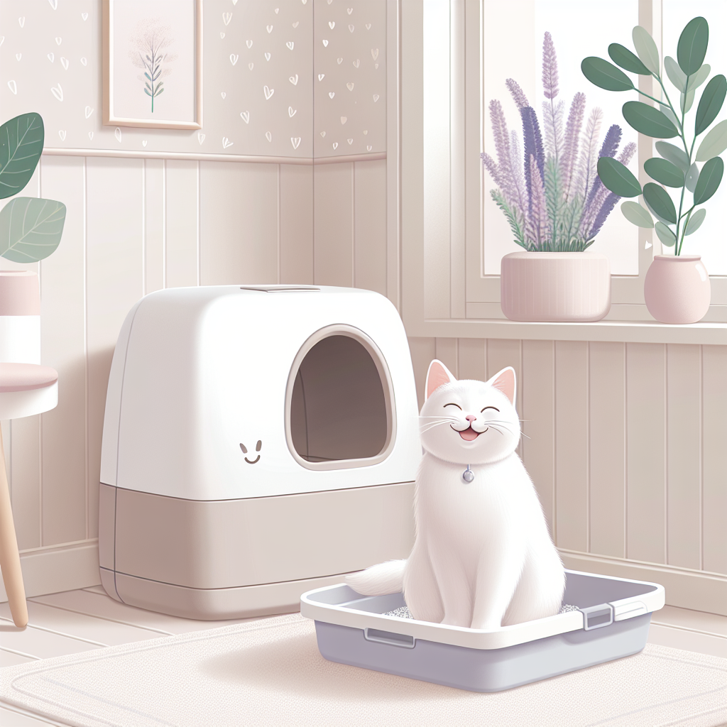 Chat tigré utilisant une litière automatique moderne dans un intérieur contemporain et lumineux