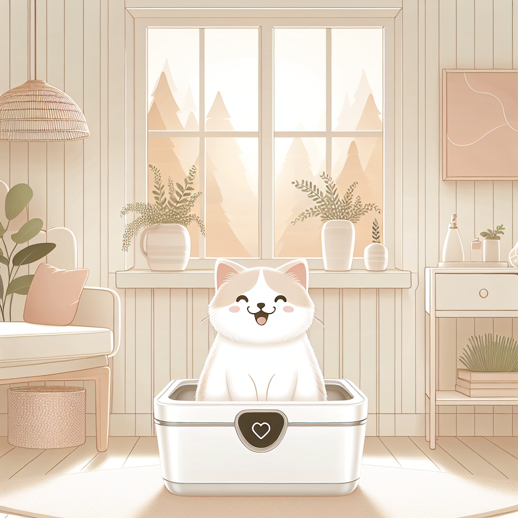 Chat tigré utilisant une litière automatique moderne dans un intérieur contemporain et lumineux