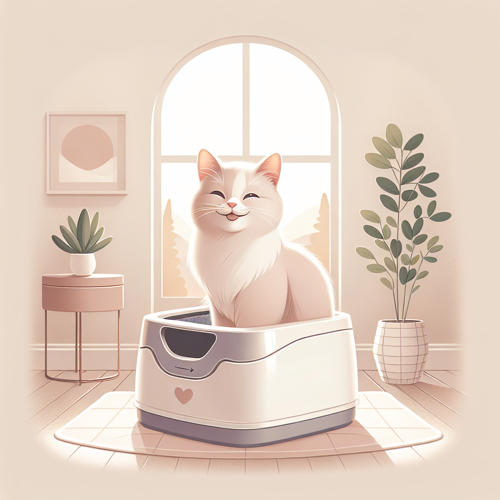 Chat tigré utilisant une litière automatique moderne dans un intérieur épuré, illustrant le confort et l'hygiène au quotidien