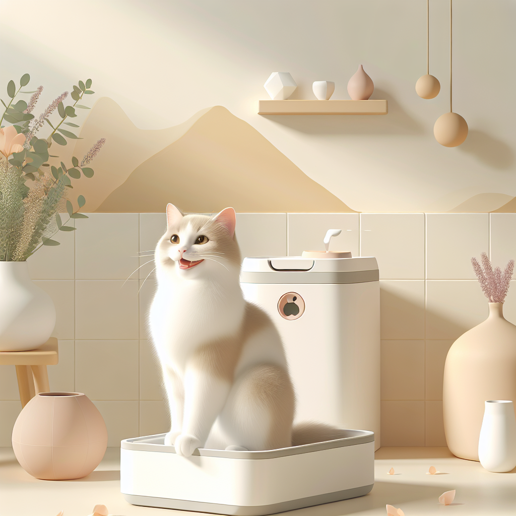 Chat gris utilisant une litière automatique moderne dans un intérieur propre et lumineux