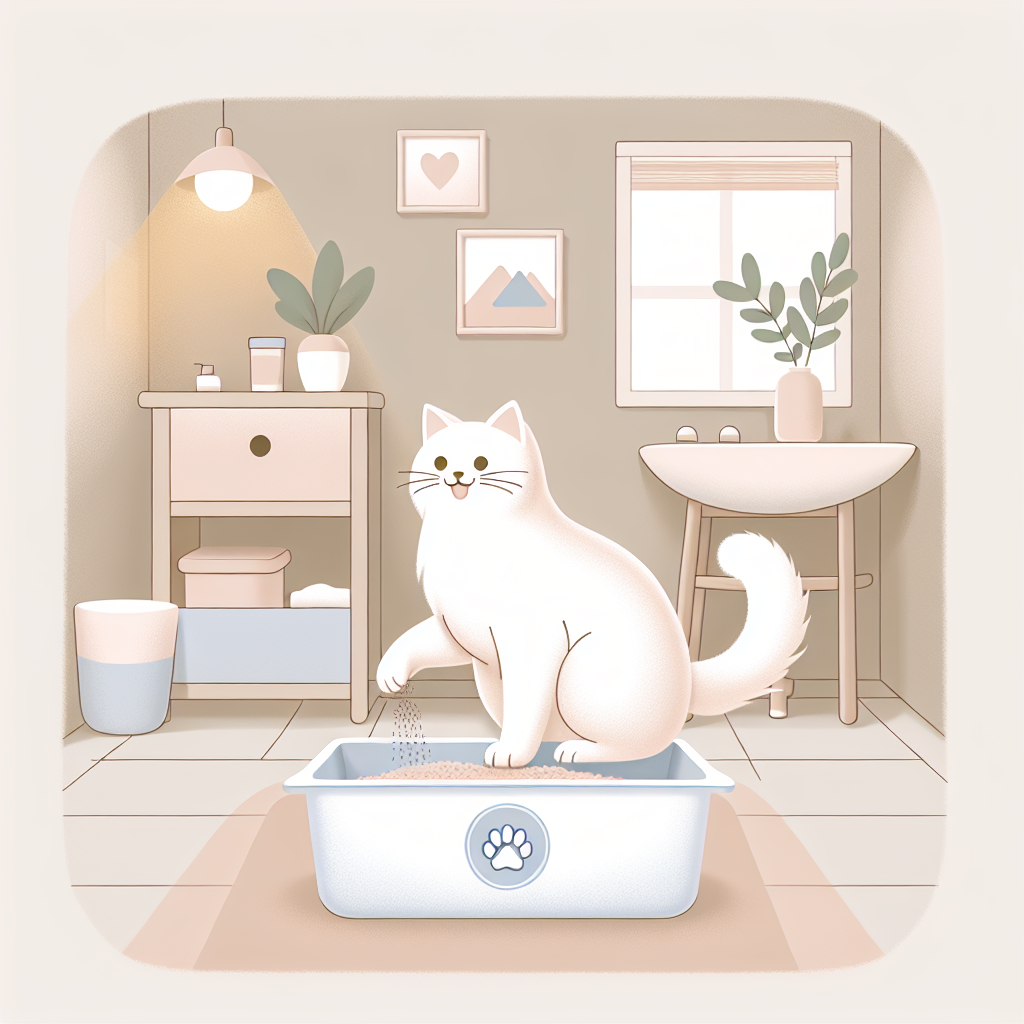 Chat tigré mangeant des croquettes dans une gamelle moderne, avec une litière automatique en arrière-plan dans un intérieur contemporain