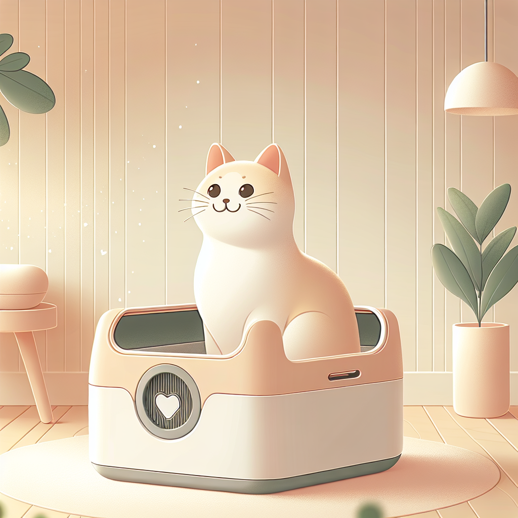 Chat tigré utilisant une litière automatique moderne dans un intérieur contemporain et propre