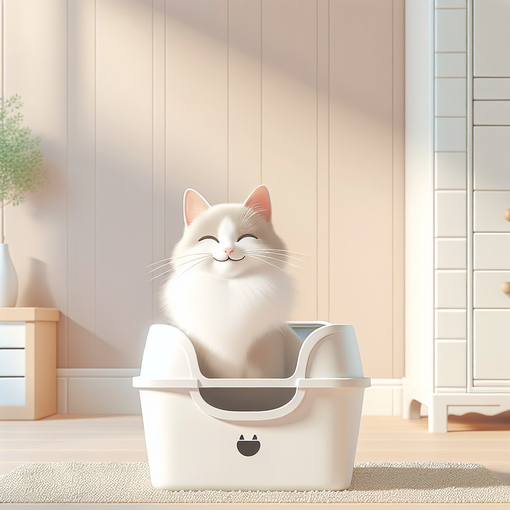 Chat gris utilisant une litière automatique moderne dans un intérieur propre et lumineux