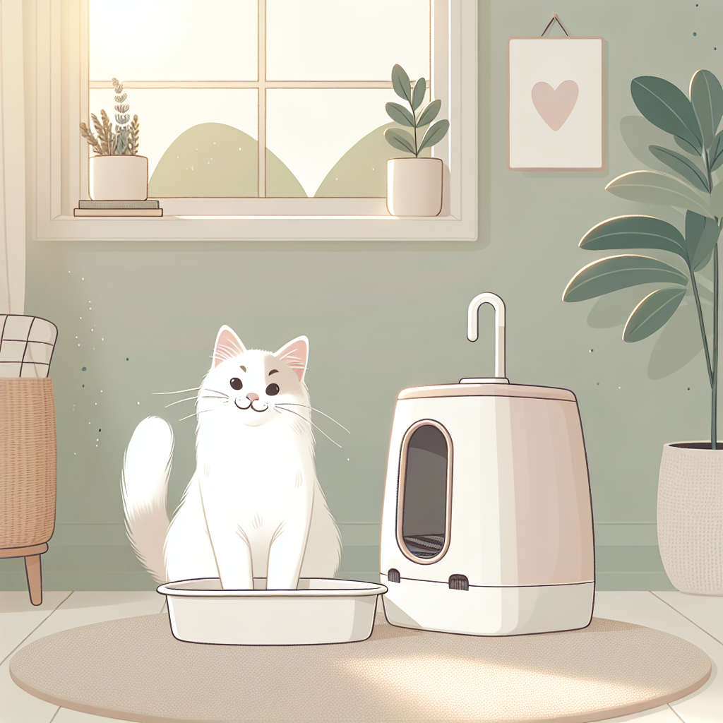 Chat tigré découvrant avec curiosité une litière automatique moderne dans un intérieur lumineux et chaleureux