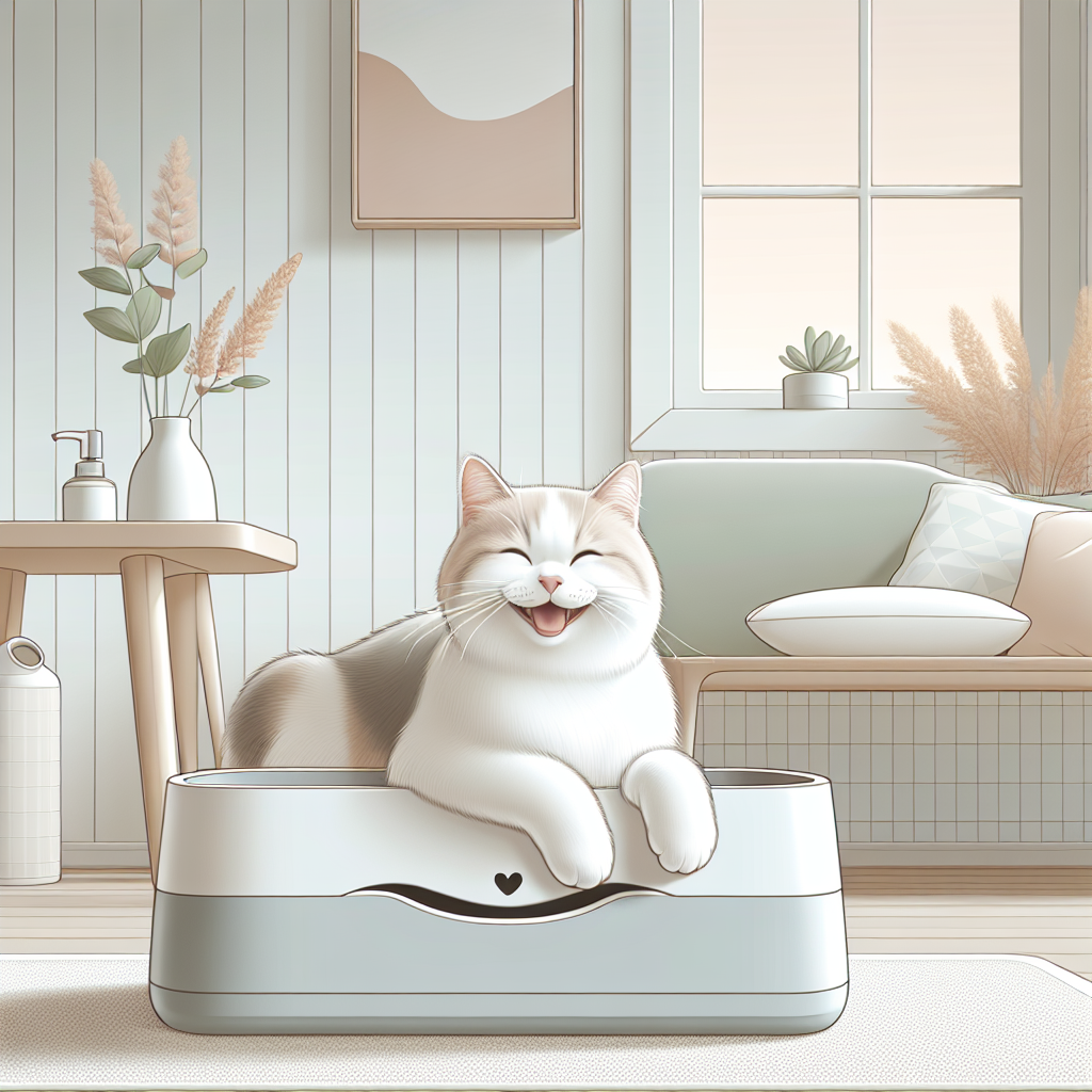 Chat tigré utilisant une litière automatique moderne dans un intérieur contemporain et lumineux