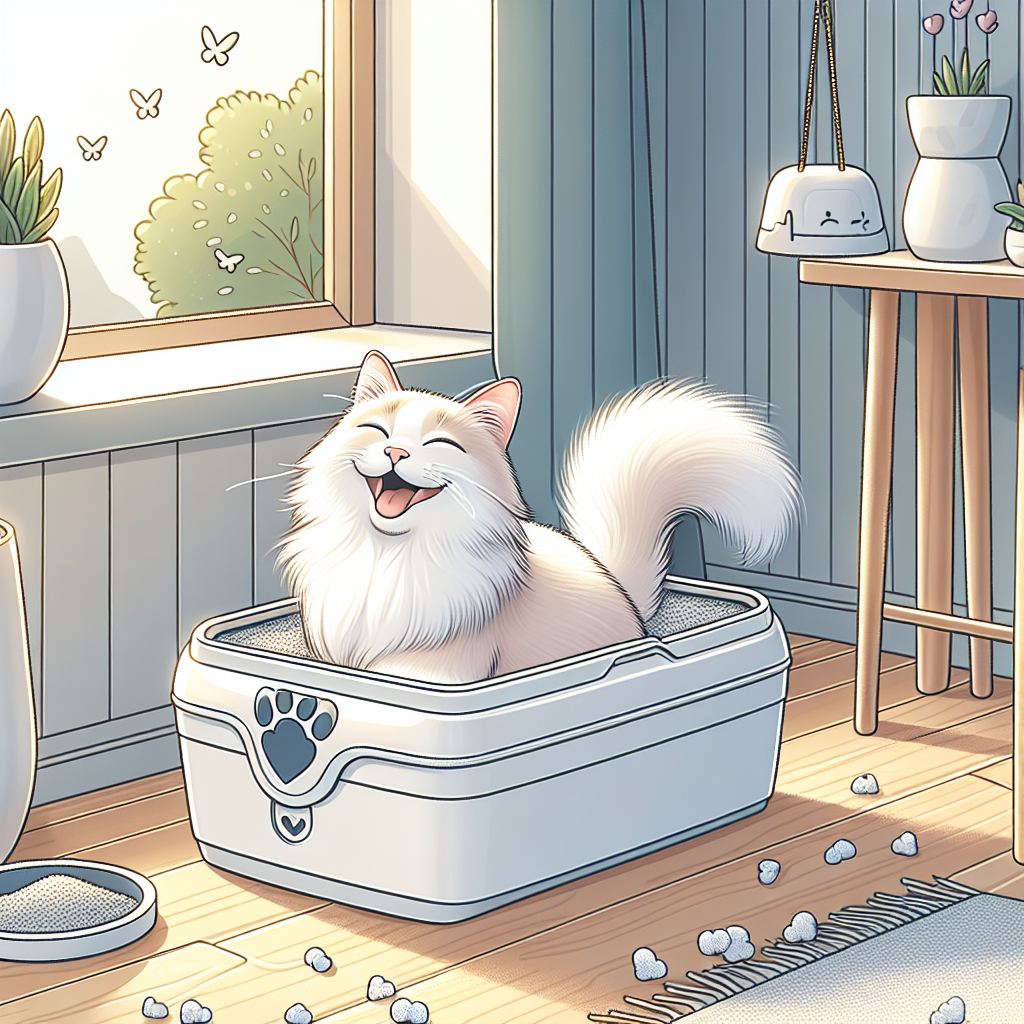 Chat gris utilisant une litière automatique moderne dans un intérieur propre et lumineux