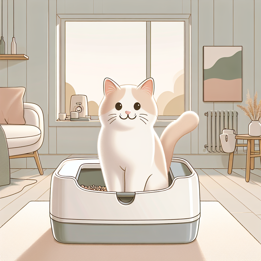 Chat utilisant une litière automatique moderne avec substrat végétal dans un intérieur contemporain et lumineux