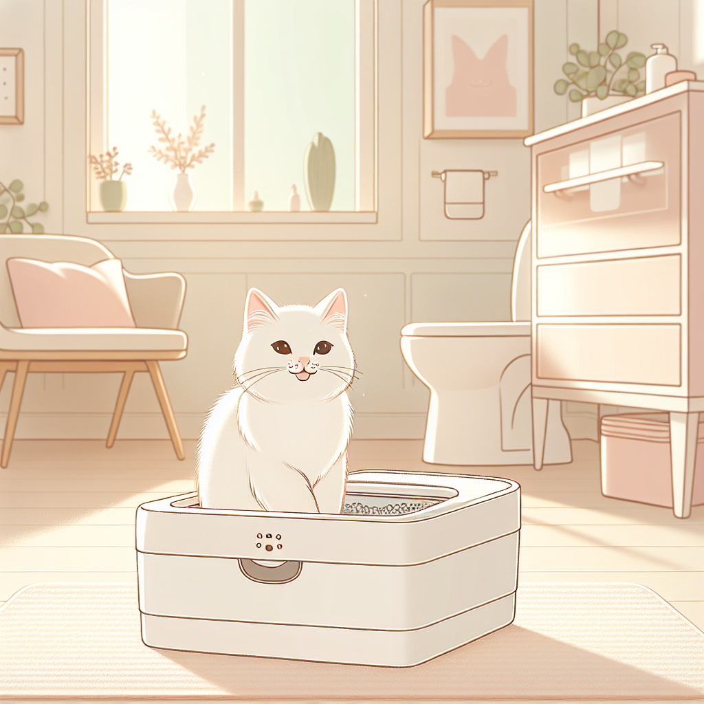 Chat tigré utilisant une litière automatique moderne dans un intérieur lumineux et propre