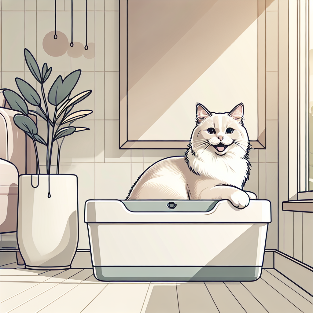 Chat tigré se léchant les pattes dans un salon moderne avec une litière automatique en arrière-plan