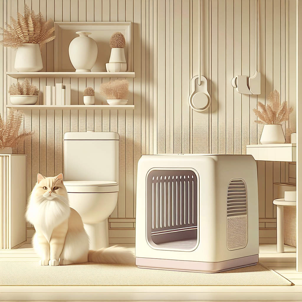 Chat utilisant une litière automatique moderne dans un intérieur contemporain et propre