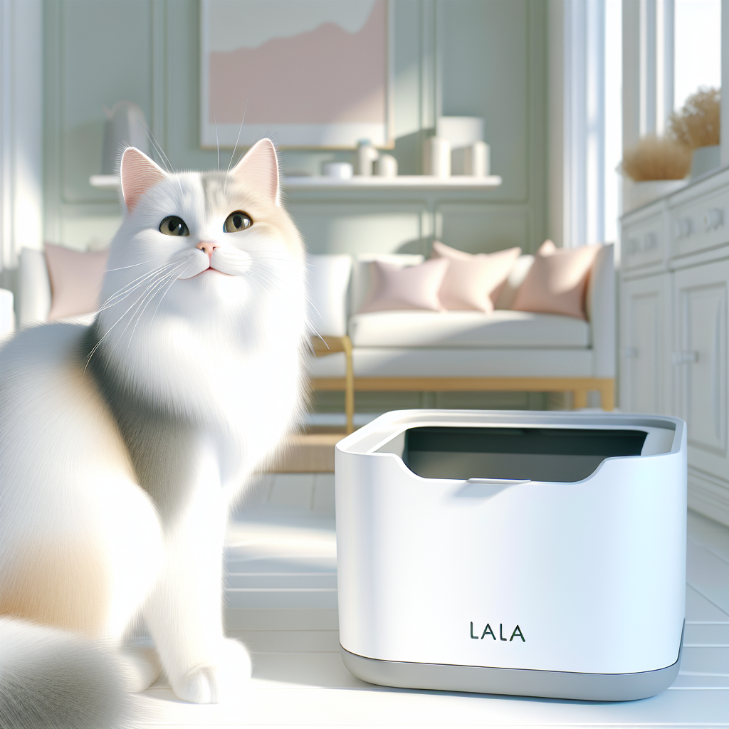 Chat tigré utilisant une litière automatique moderne dans un intérieur contemporain, illustrant le confort et la propreté