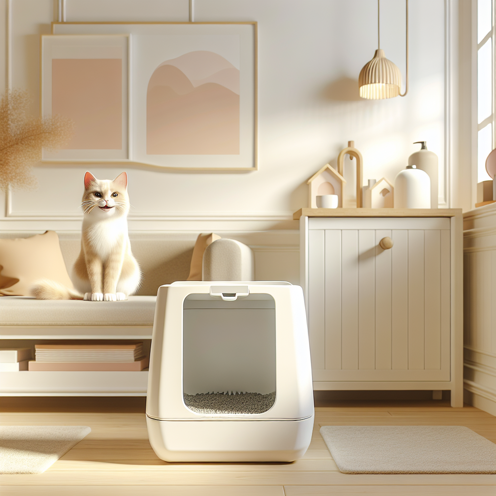 Chat gris utilisant une litière automatique moderne dans un intérieur contemporain et lumineux
