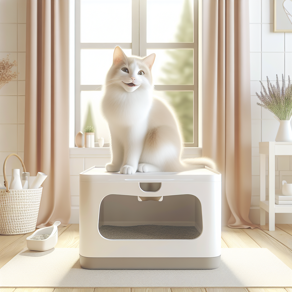 Chat curieux découvrant une litière automatique moderne dans un intérieur chaleureux et bien entretenu