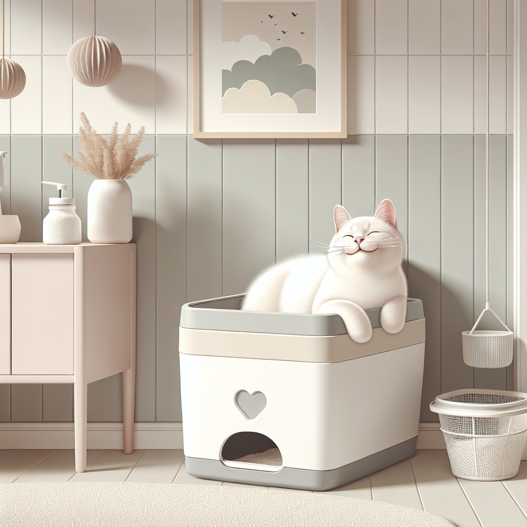 Chat tigré assis près d'une litière automatique moderne dans un intérieur épuré, illustrant l'hygiène et le confort