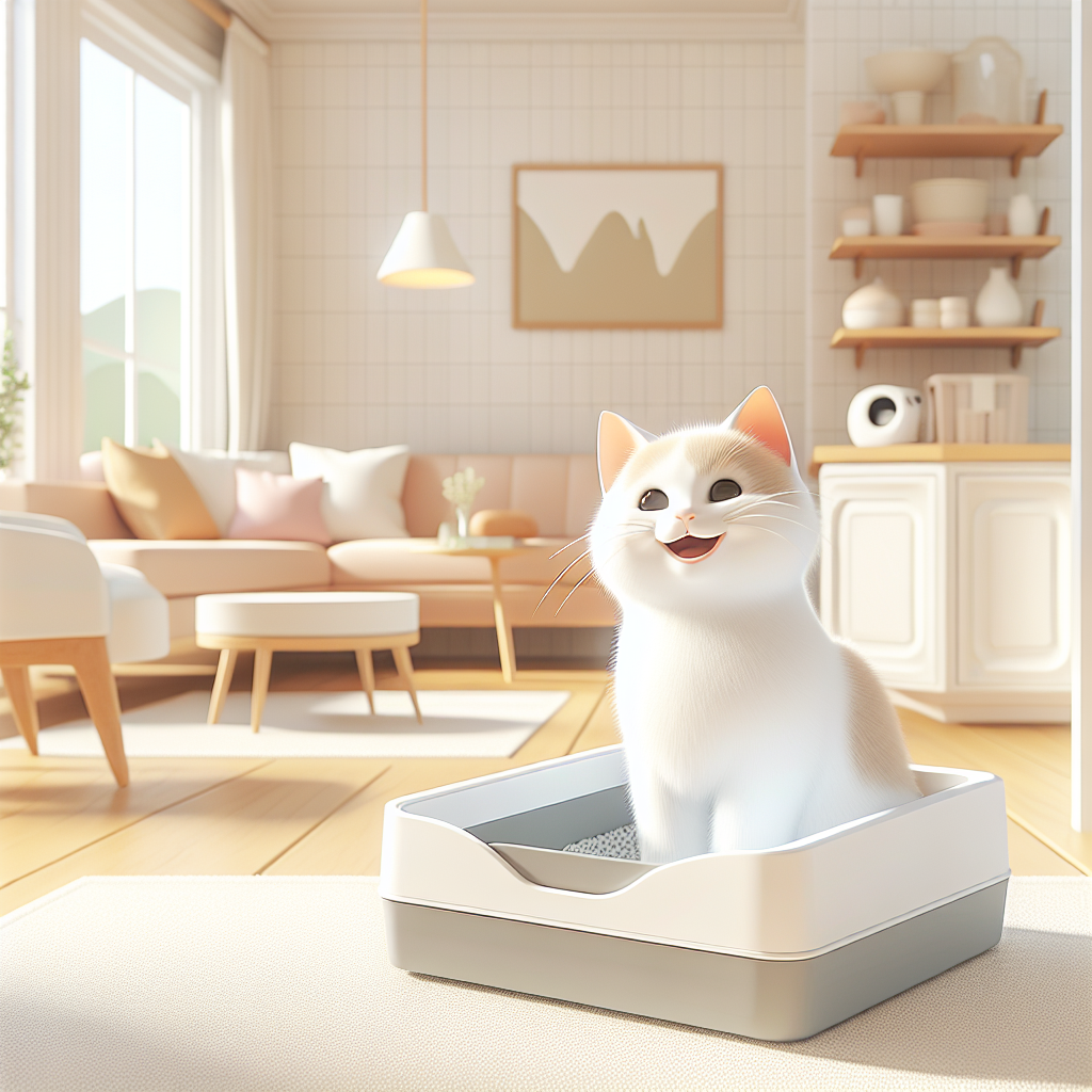 Chat tigré mangeant des croquettes sans céréales dans une gamelle moderne sur un sol carrelé