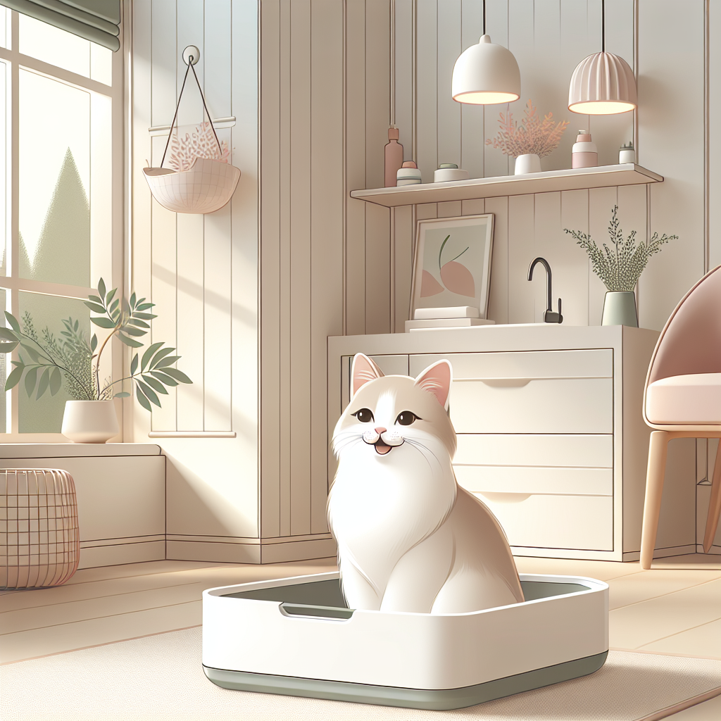 Chat tigré utilisant une litière automatique moderne dans un intérieur contemporain et lumineux