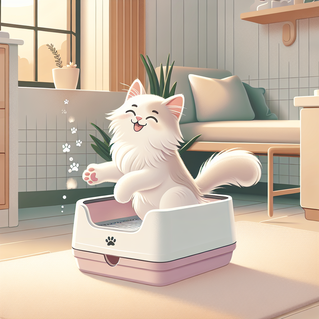 Chat tigré utilisant une litière automatique moderne dans un intérieur contemporain et lumineux