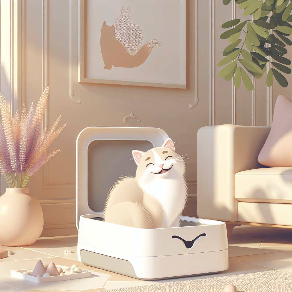 Chat tigré mangeant ses croquettes Ultima à côté d'une litière automatique moderne dans un intérieur contemporain