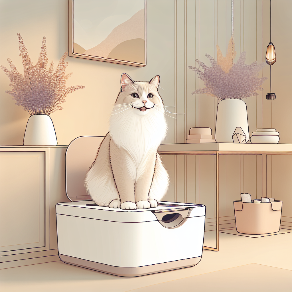 Chat tigré utilisant une litière automatique moderne dans un intérieur contemporain et lumineux