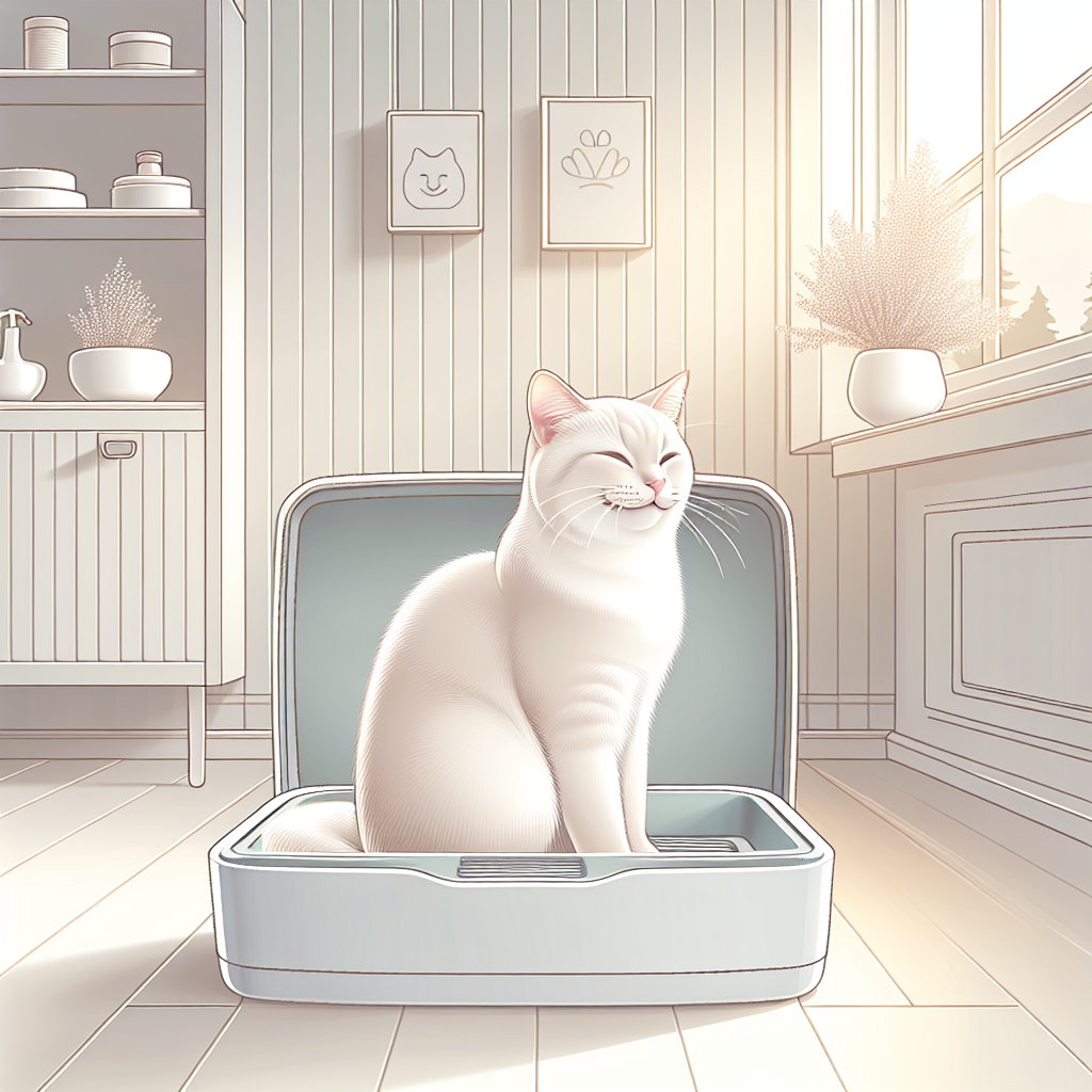 Chat tigré mangeant des croquettes dans une gamelle moderne, avec une litière automatique en arrière-plan dans un intérieur contemporain