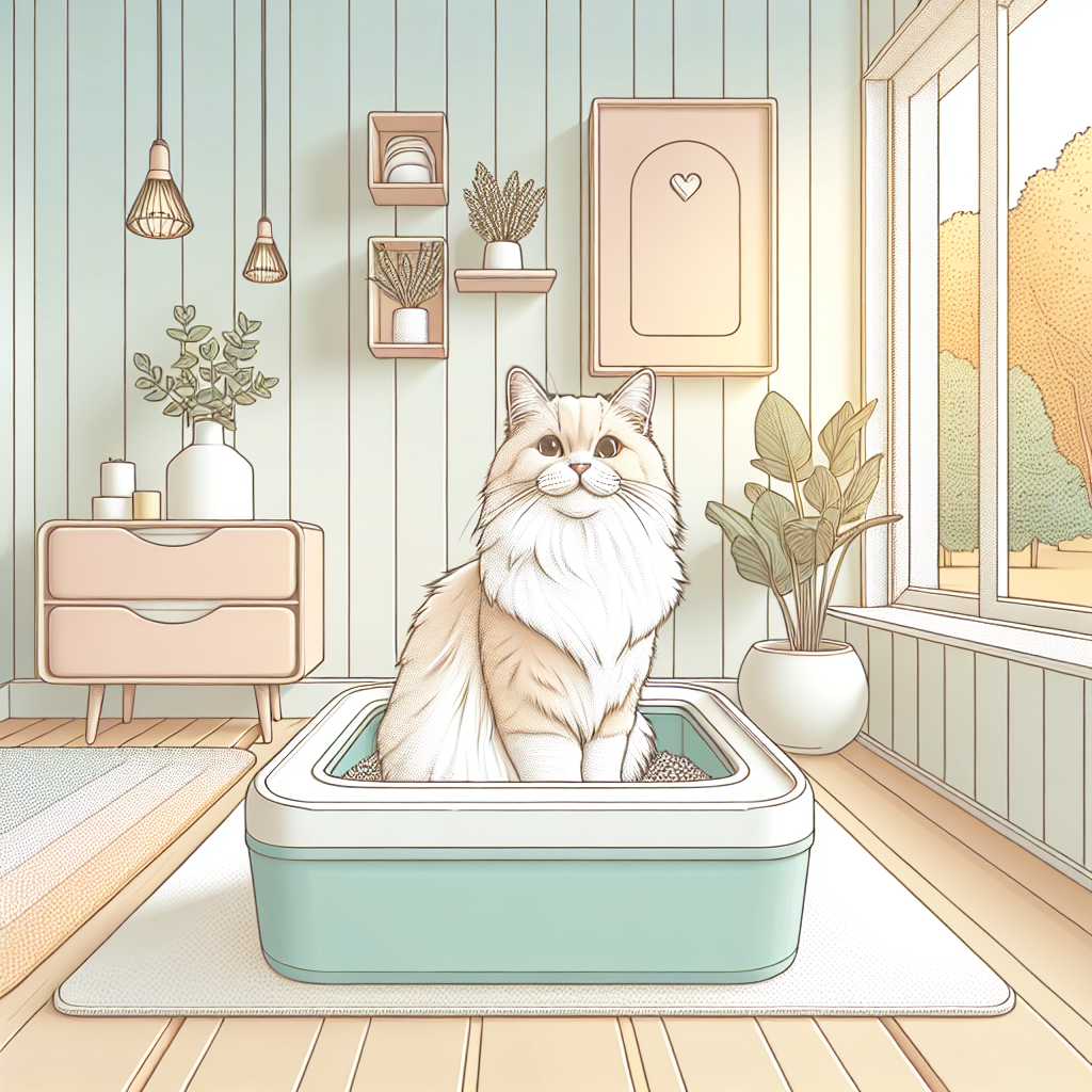 Chat tigré mangeant des croquettes spéciales digestion sensible dans un bol moderne, avec une litière automatique en arrière-plan