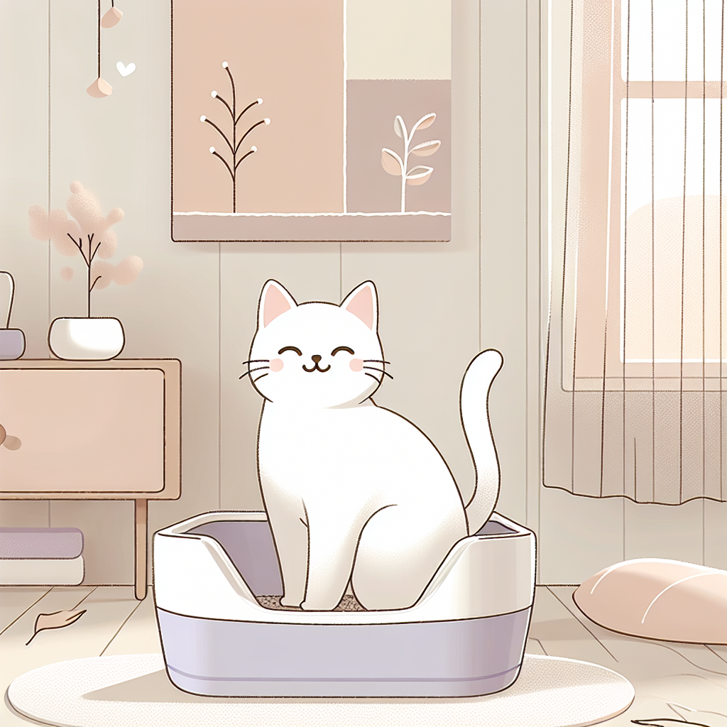 Chat aux yeux verts mangeant des croquettes spécialisées dans un bol moderne, avec une litière automatique en arrière-plan dans un intérieur lumineux et propre