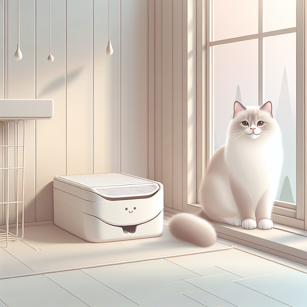 Chat stérilisé près de sa litière automatique moderne dans un intérieur épuré et lumineux