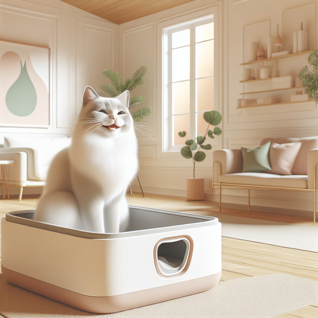 Chaton de 2 mois mangeant ses croquettes dans une gamelle moderne, avec une litière automatique en arrière-plan dans un intérieur chaleureux