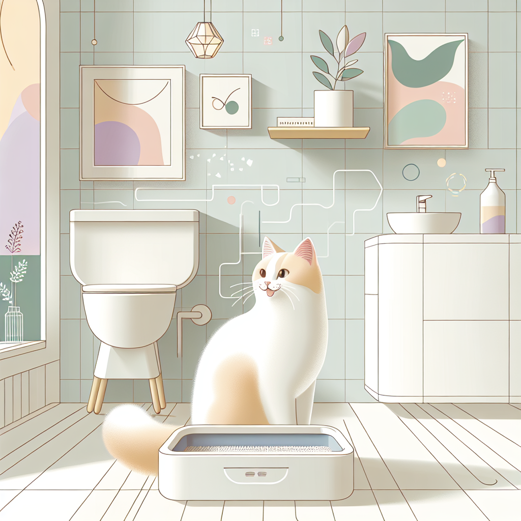 Chat européen mangeant ses croquettes françaises près d'une litière automatique moderne dans un intérieur chaleureux